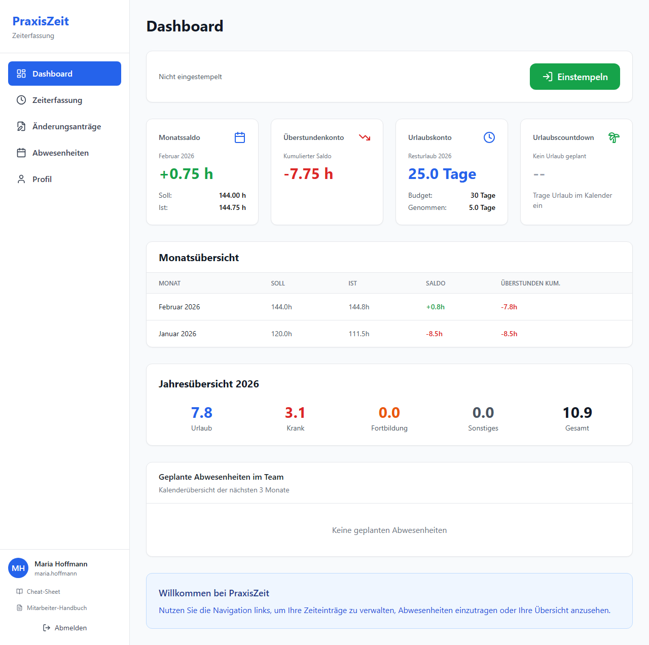 Mitarbeiter-Dashboard mit Stempeluhr und Überstundenkonto
