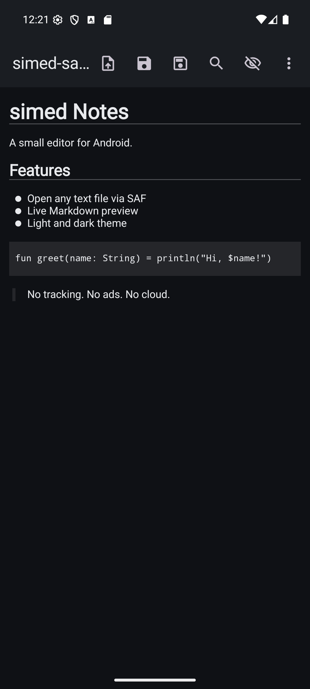 simed Markdown-Vorschau im dunklen Theme