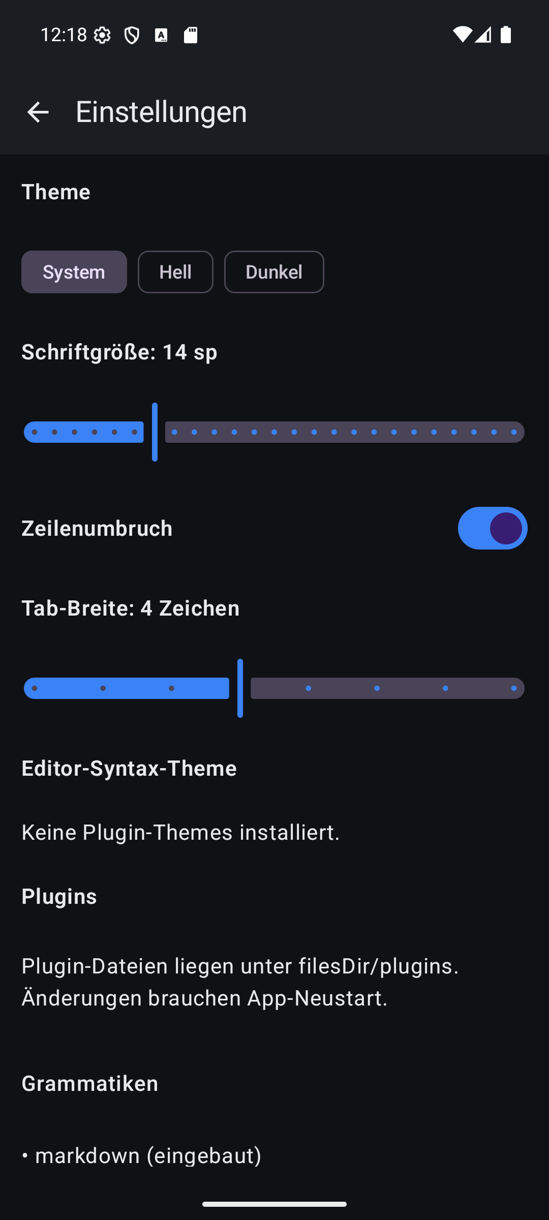 simed Einstellungs-Bildschirm im dunklen Theme