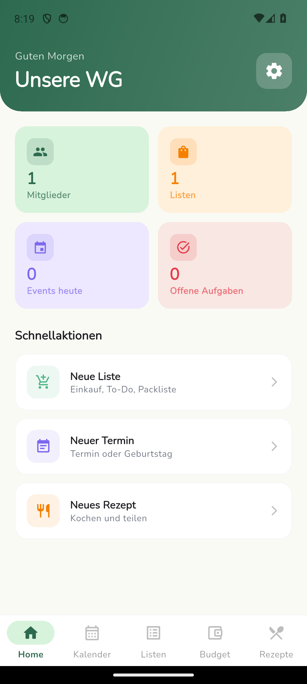 Familienplanung Dashboard mit Übersicht