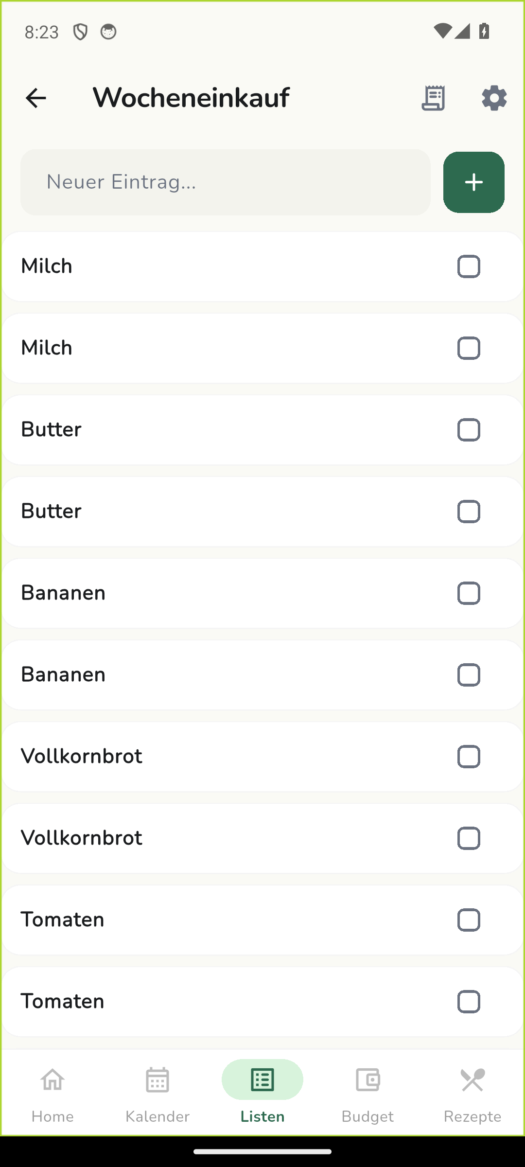 Einkaufsliste mit Katalog-Artikeln